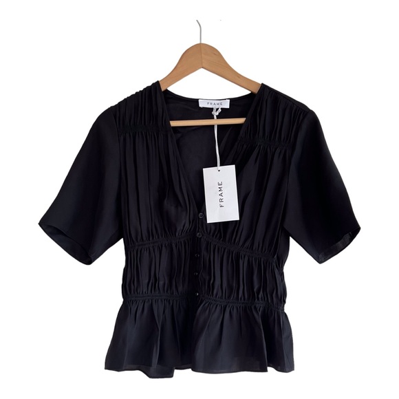 FRAME Ruched V-Neck Silk Short Sleeve Blouse - Picture 2 of 6